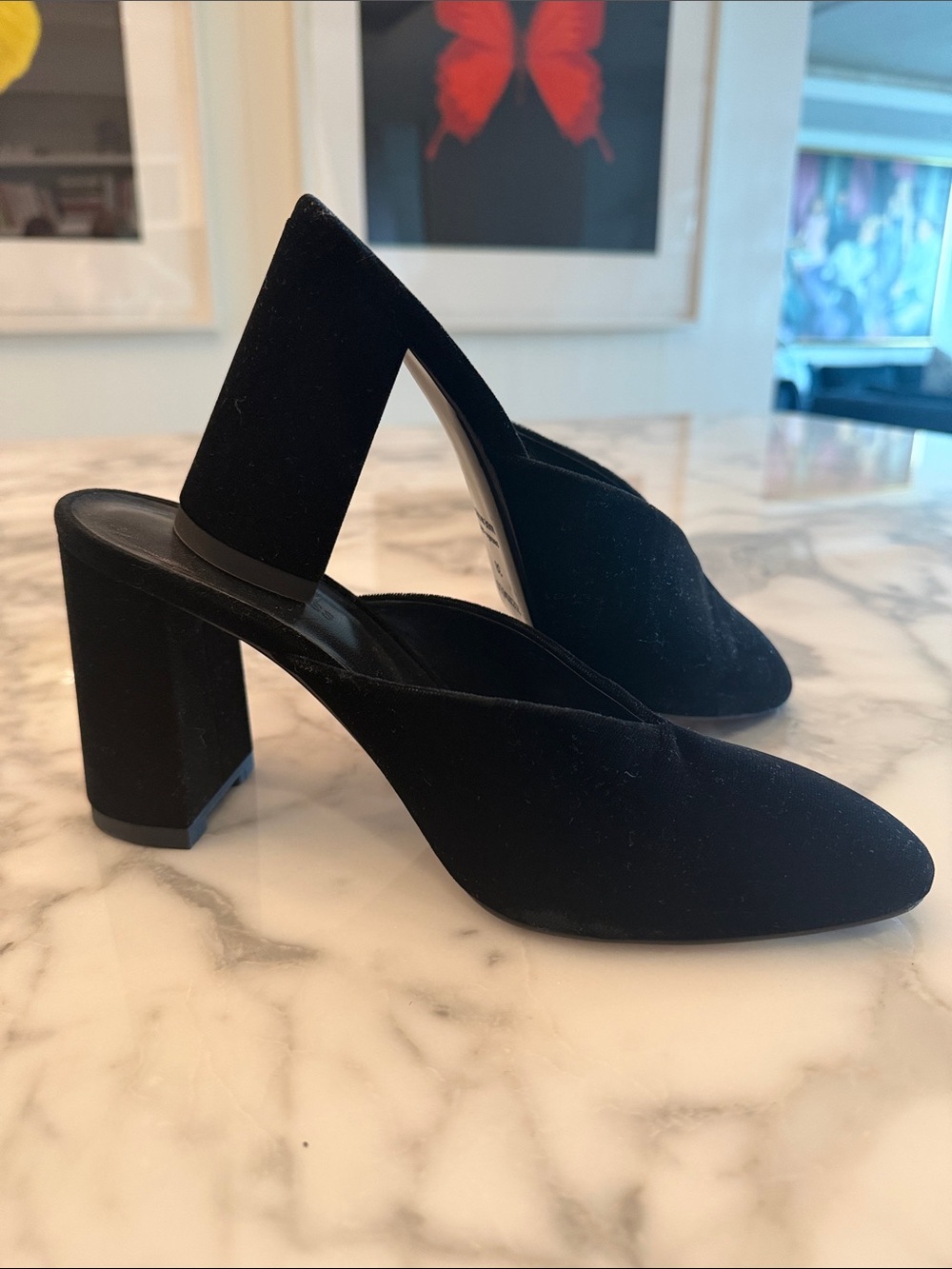 Hermes Black Velvet Block Heel Mules